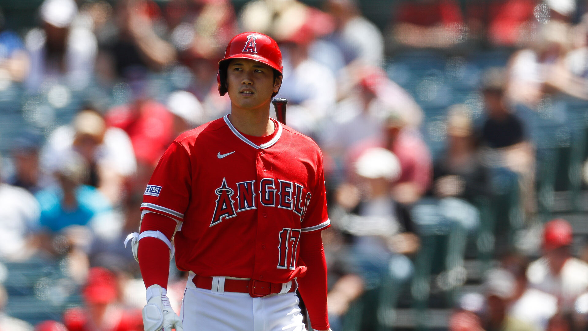 ANAHEIM, CA - APRIL 23: Los Angeles Angels designated hitter Shohei Ohtani (17) reacts after an at bat during a regular season game between the Los Angeles Angels and Kansas City Royals on April 23, 2023 at Angel Stadium in Anaheim, CA. (Photo by Brandon Sloter/Icon Sportswire via Getty Images)