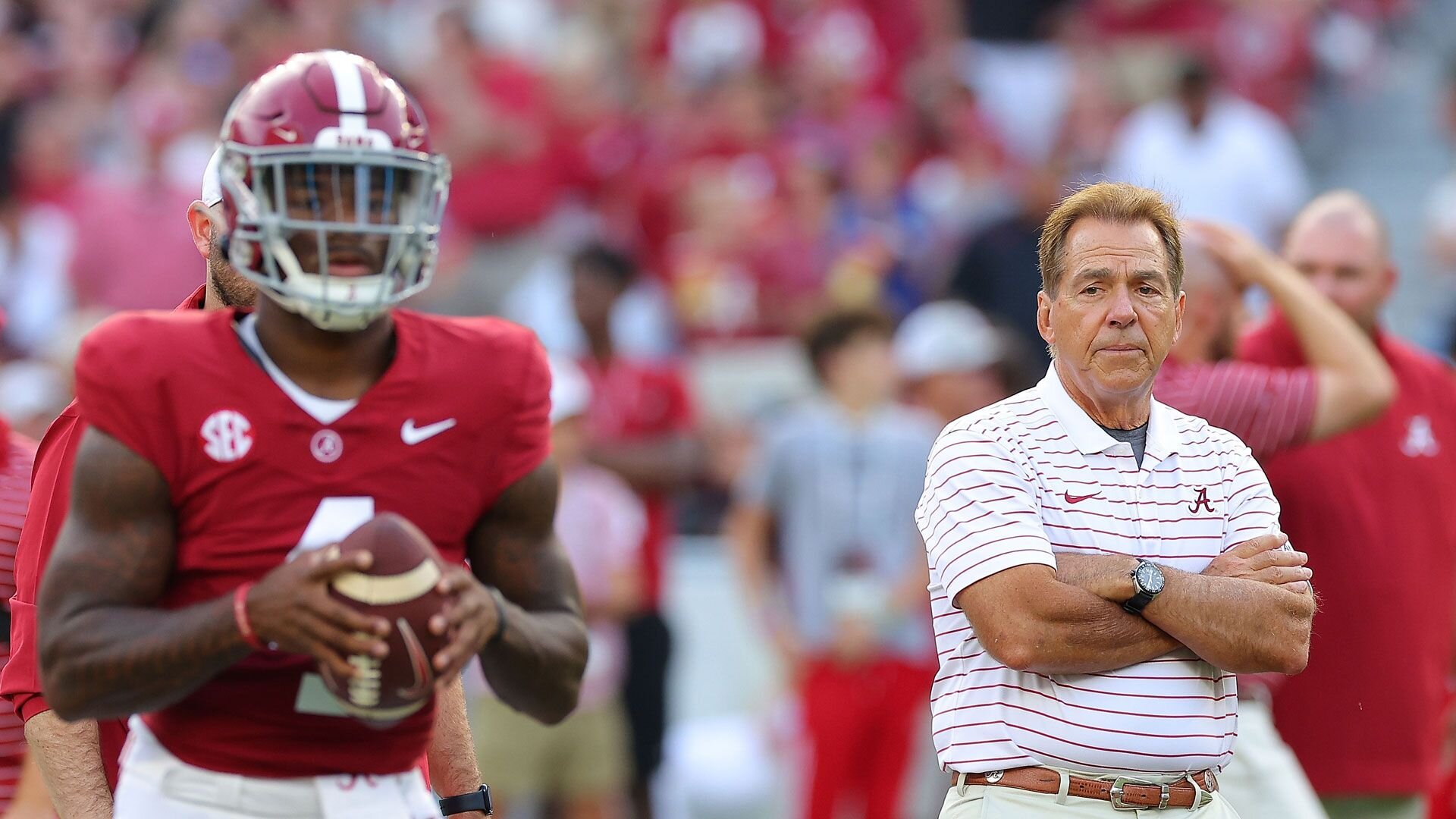 TUSCALOOSA, ALABAMA - SEPTEMBER 02: Head coach Nick Saban of the Alabama Crimson Tide looks on as Jalen Milroe #4 of the Alabama Crimson Tide warms up prior to facing the Middle Tennessee Blue Raiders at Bryant-Denny Stadium on September 02, 2023 in Tuscaloosa, Alabama. (Photo by Kevin C. Cox/Getty Images)