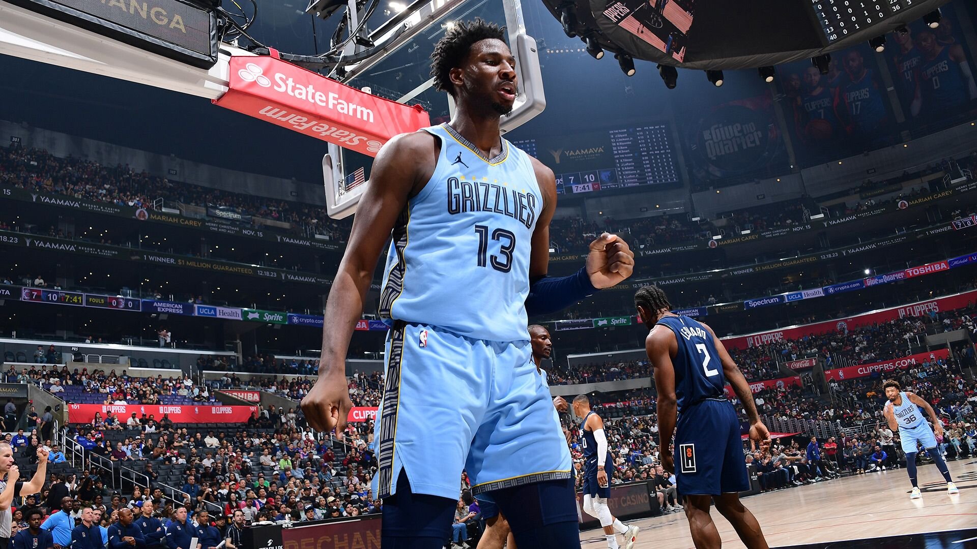 LOS ANGELES, CA - NOVEMBER 12: Jaren Jackson Jr. #13 of the Memphis Grizzlies celebrates during the game against the LA Clippers on November 12, 2023 at Crypto.Com Arena in Los Angeles, California.